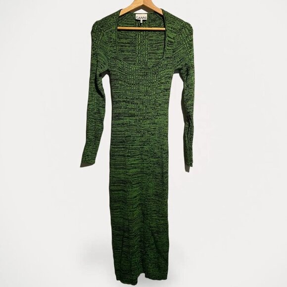 Ganni Melange Dress Midi Green Knit Long Sleeve Bodycon XS - Picture 6 of 11